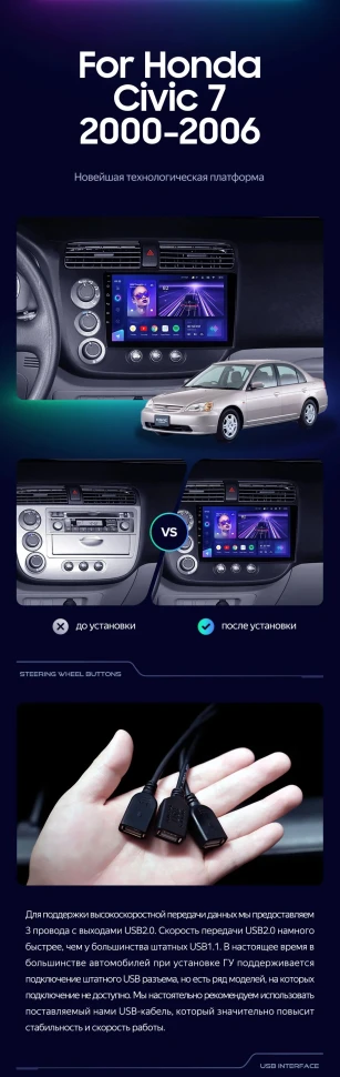 Штатная магнитола Teyes CC3 4/32 Honda Civic 7 (2000-2006) F1